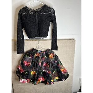 SEQUIN HEARTS 2 Piece Sz 5 Long Sleeve Scoop Neck Knee Length Floral Skirt